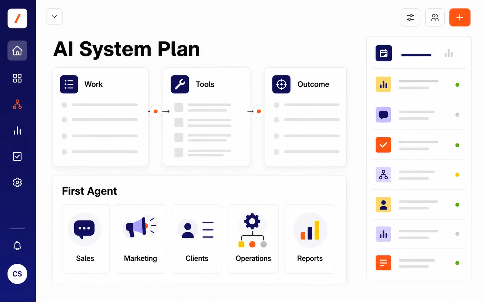 AI System Plan workspace showing work, tools, outcome, and the first agent path.
